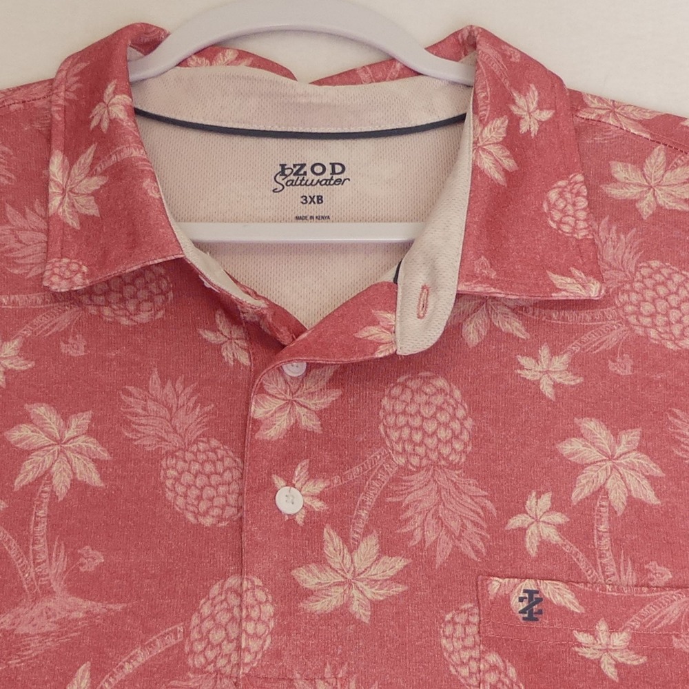 Izod Saltwater Polo‎ Shirt Men's 3XB Palm Tree Pineapple Hawaiian Print Pink